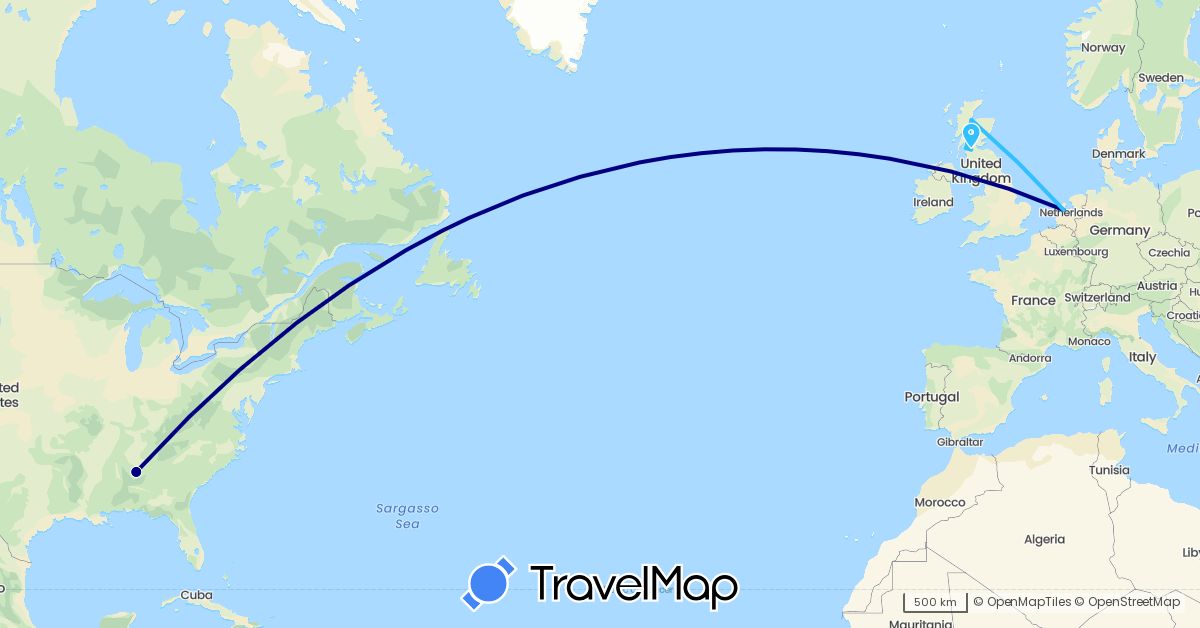 TravelMap itinerary: driving, boat in United Kingdom, Netherlands, United States (Europe, North America)